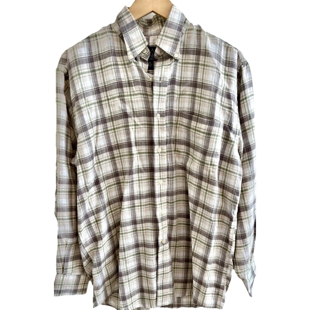 Jos A Bank 100% Linen Shirt Mens Medium Green Tan Plaid Button Down Preppy